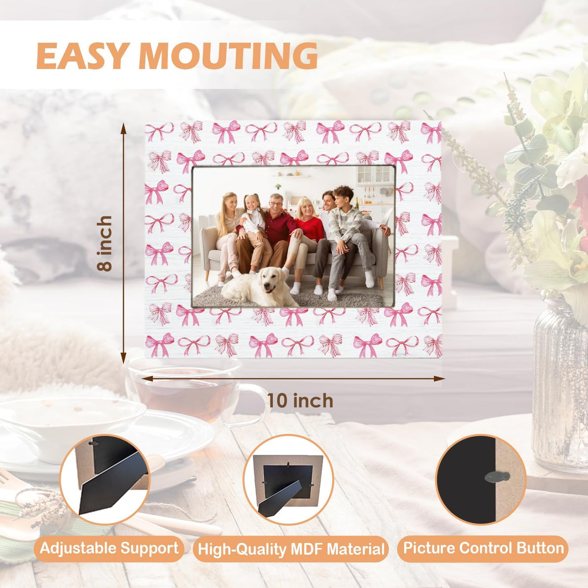 Pink Coquette Bow Picture Frame 5x7,Bridal Shower Gifts for Bride Photo Frame, Engagement Wedding Gifts for Her Wooden Picture Photo Frames for Desk Tabletop Wall Display Decoration