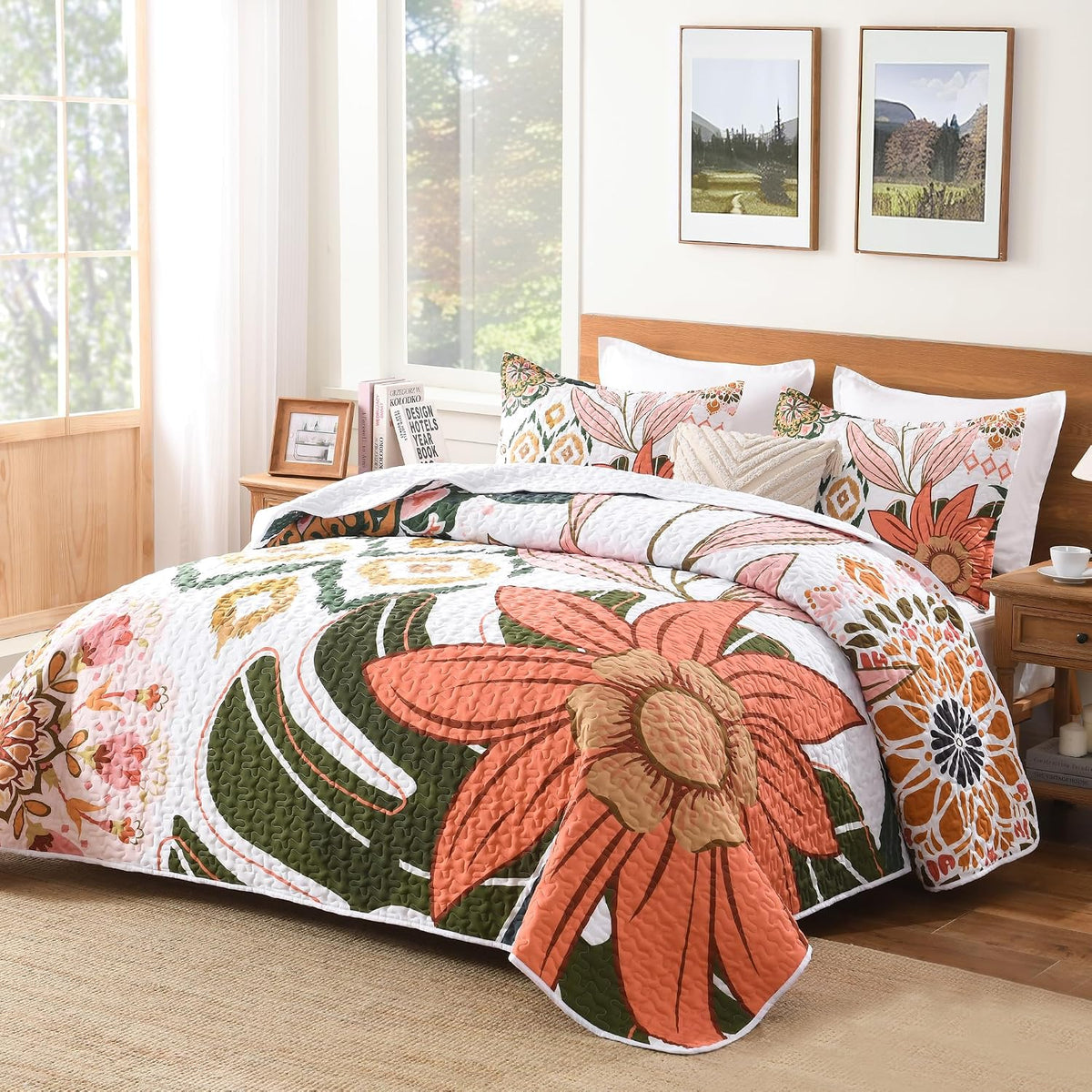 Quilt Queen Size, Pink Floral Boho Summer Bedspread 3 Pieces