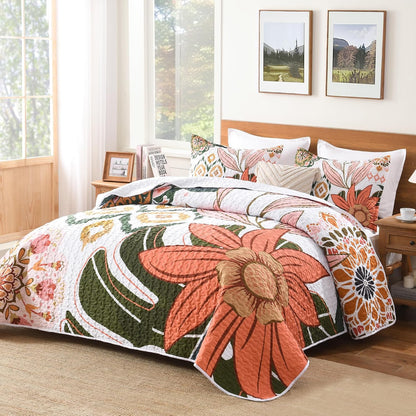 Quilt Queen Size, Pink Floral Boho Summer Bedspread 3 Pieces