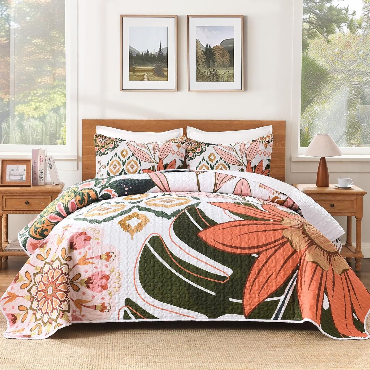 Quilt Queen Size, Pink Floral Boho Summer Bedspread 3 Pieces