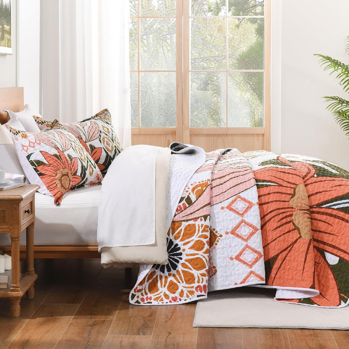 Quilt Queen Size, Pink Floral Boho Summer Bedspread 3 Pieces