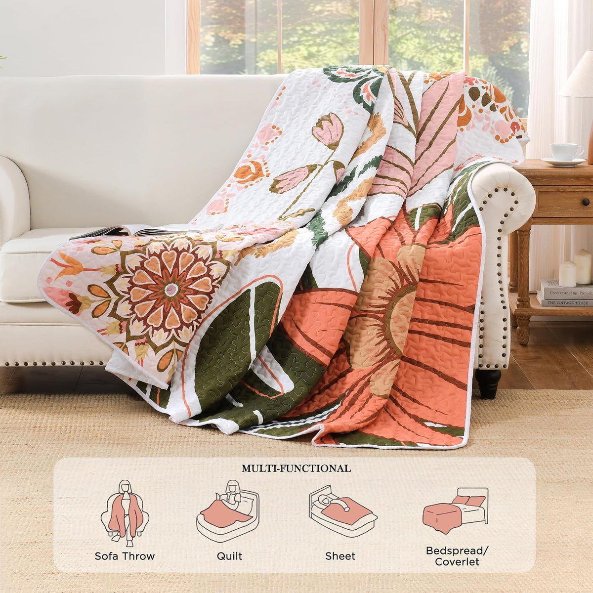 Quilt Queen Size, Pink Floral Boho Summer Bedspread 3 Pieces