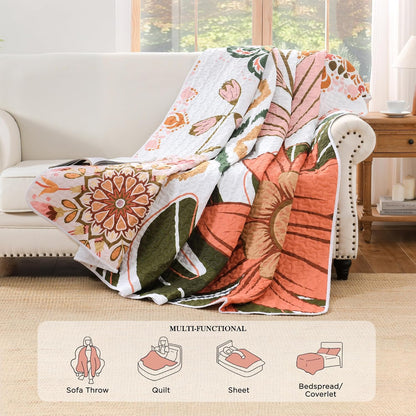 Quilt Queen Size, Pink Floral Boho Summer Bedspread 3 Pieces