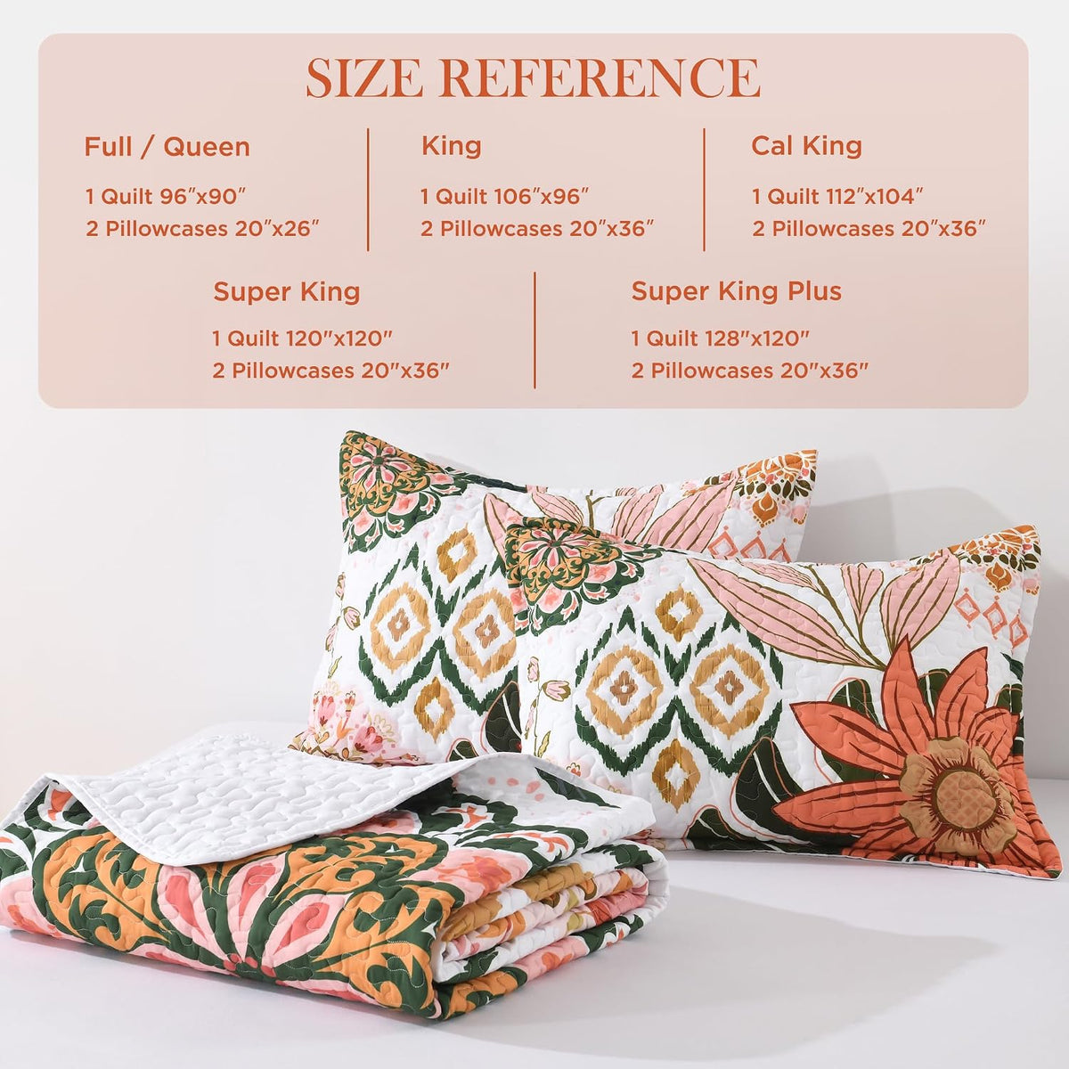 Quilt Queen Size, Pink Floral Boho Summer Bedspread 3 Pieces