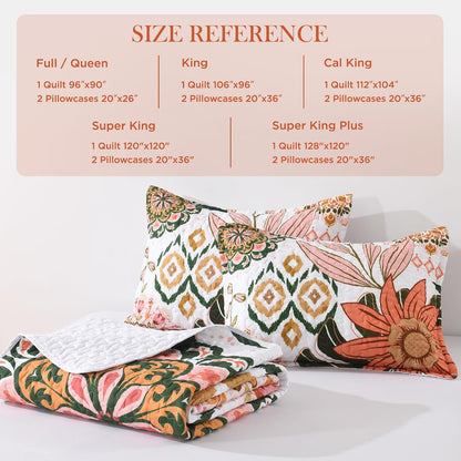 Quilt Queen Size, Pink Floral Boho Summer Bedspread 3 Pieces