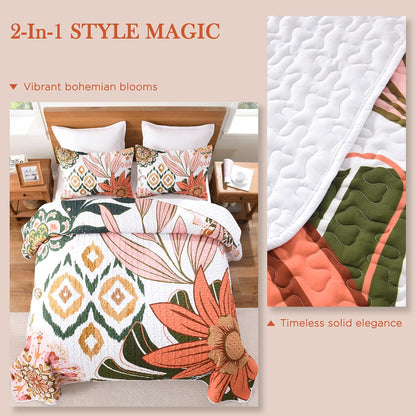 Quilt Queen Size, Pink Floral Boho Summer Bedspread 3 Pieces