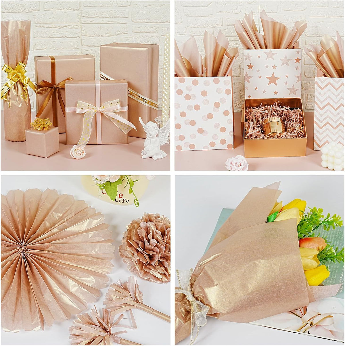 Metallic Rose Gold Tissue Paper, 60 Sheets Shiny Rose Gold Tissue Paper Sheets for Gift Bags Crafts Wrapping Gifts Packaging, Tissue Paper Bulk for Girls Women Birthday Wedding Baby Shower Party