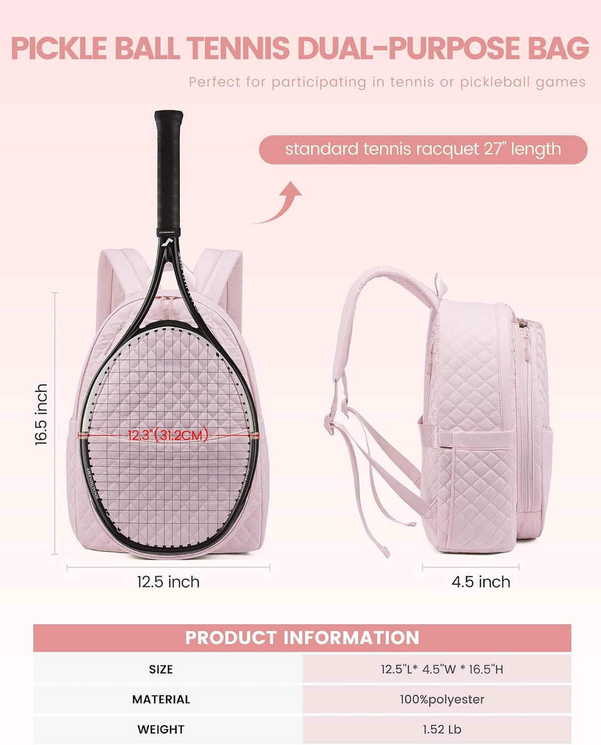 Tennis Bags for Women, Quilted Pickleball Tennis Racket Bag Backpack