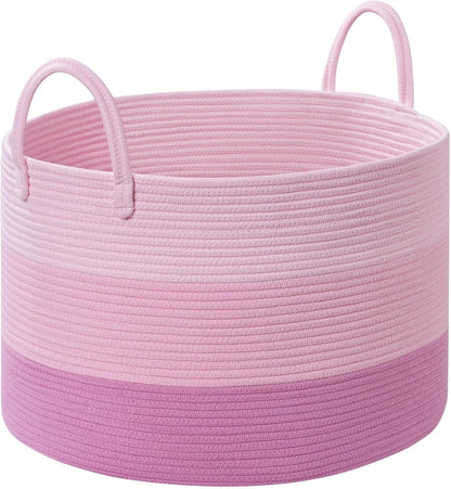 67L Large Woven Blanket Basket, Cotton Rope Baby Laundry Hamper with Handles, Kids Toy Basket for Classroom & Nursery, Soft Round Stuffed Animal Storage, Dog Toy Bin - 20"x13", Pink