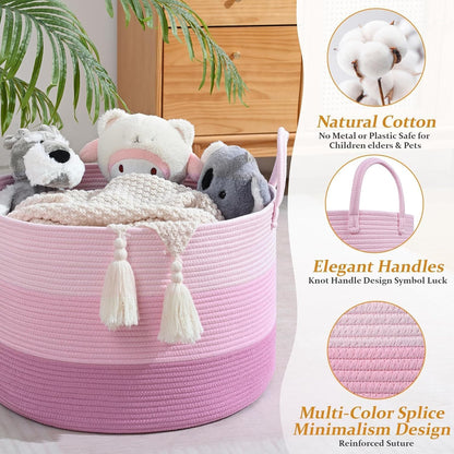 67L Large Woven Blanket Basket, Cotton Rope Baby Laundry Hamper with Handles, Kids Toy Basket for Classroom & Nursery, Soft Round Stuffed Animal Storage, Dog Toy Bin - 20"x13", Pink