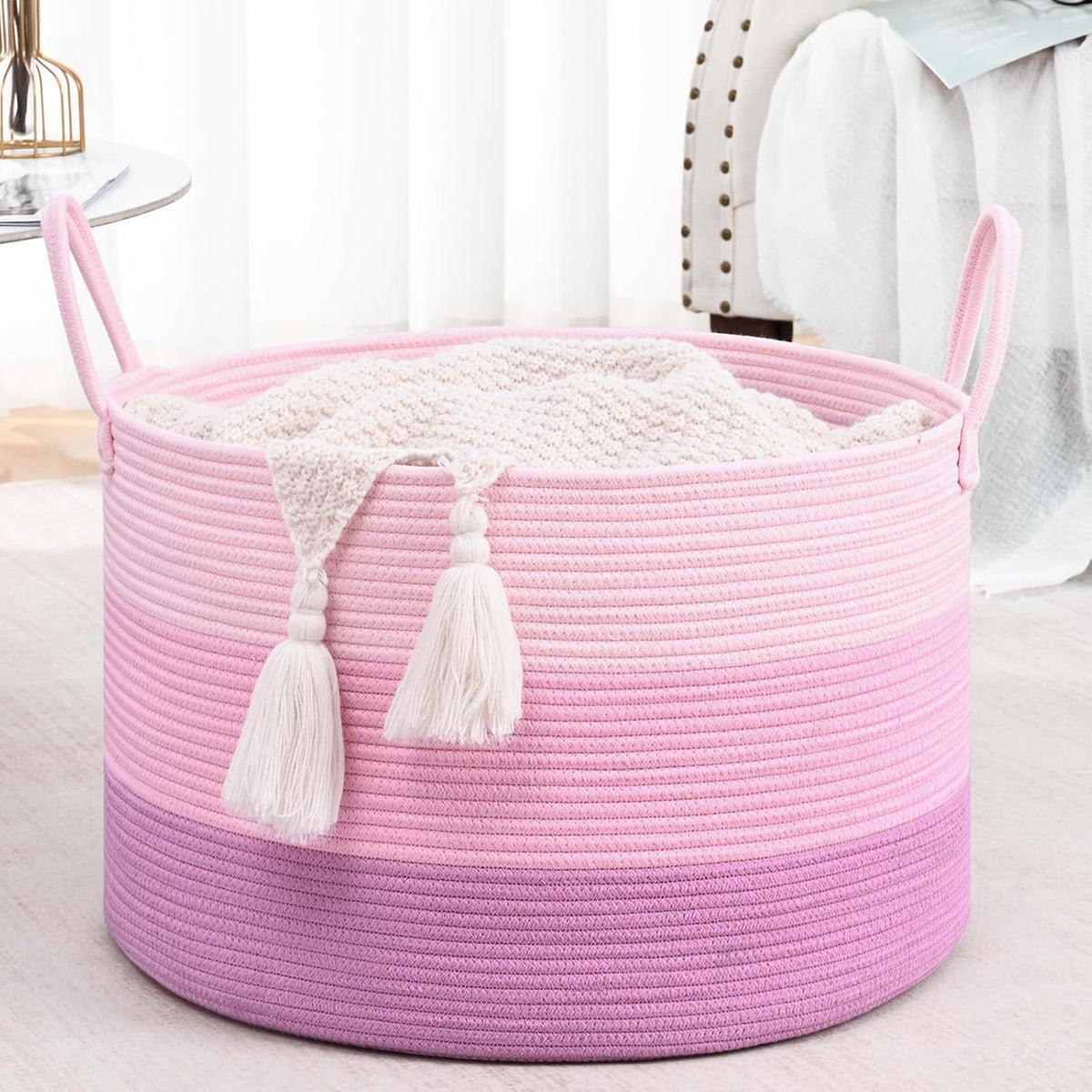 67L Large Woven Blanket Basket, Cotton Rope Baby Laundry Hamper with Handles, Kids Toy Basket for Classroom & Nursery, Soft Round Stuffed Animal Storage, Dog Toy Bin - 20"x13", Pink