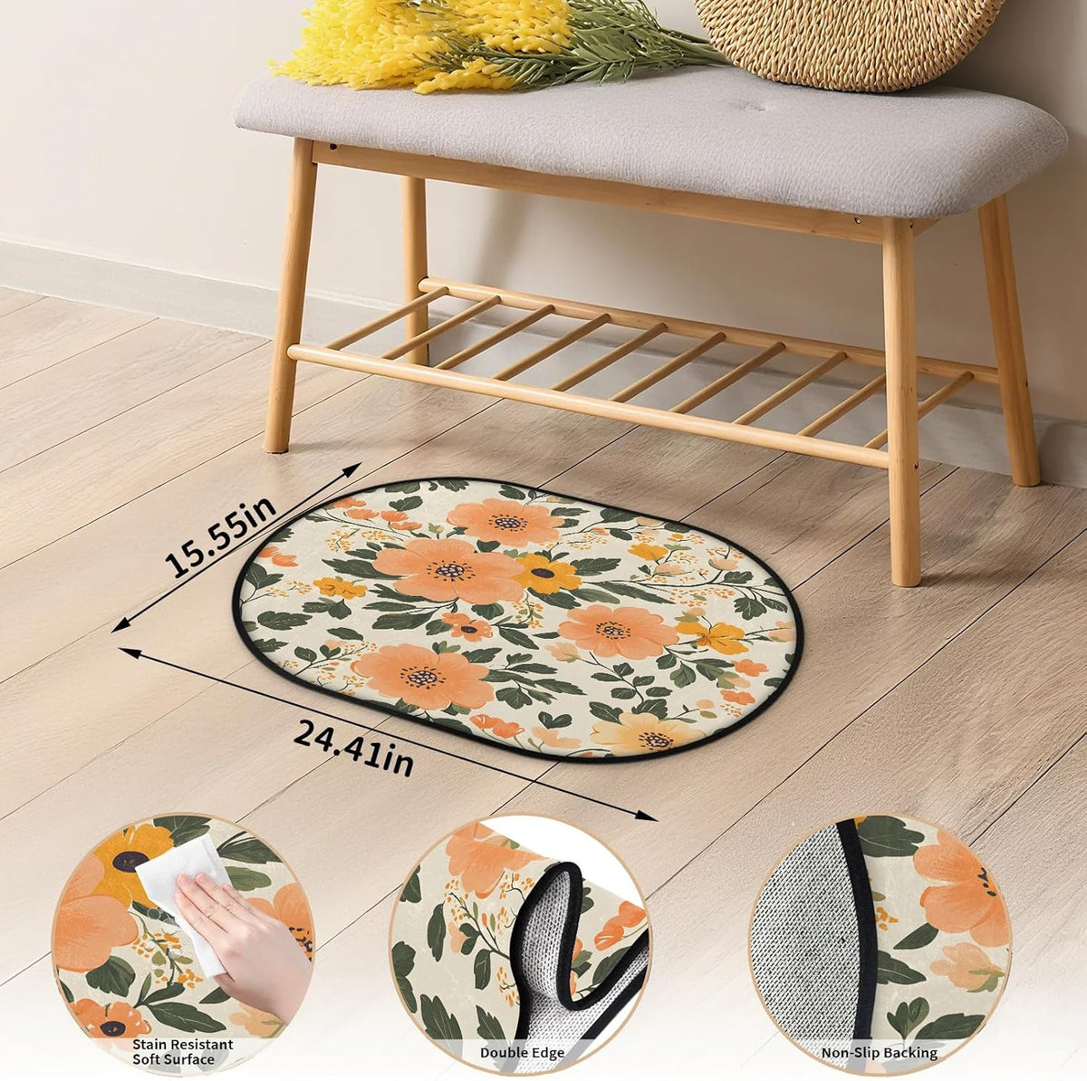 Peach Flower Design Oval 16x24 Inches Absorbent Bath Mat, Non Slip Soft Plush Bath Rug with TPR Backing for Home Kitchen Bathroom