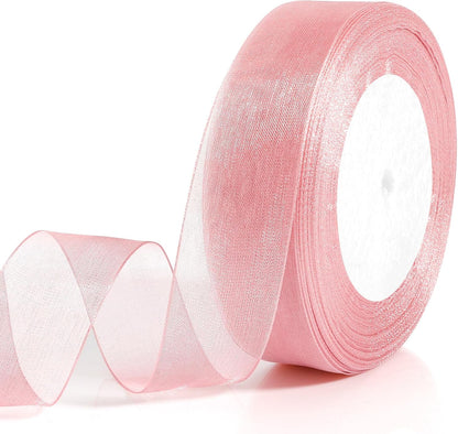 Pink Ribbon for Flower Bouquet 1 Inch 50 Yards Sheer Mothers Day Gift Basket Ribbon Tulle Ribbon for Gift Wrapping Ribbons for Crafts Ribbon for Hair Thin Ribbon for Wedding Decorations Party