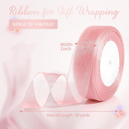 Pink Ribbon for Flower Bouquet 1 Inch 50 Yards Sheer Mothers Day Gift Basket Ribbon Tulle Ribbon for Gift Wrapping Ribbons for Crafts Ribbon for Hair Thin Ribbon for Wedding Decorations Party