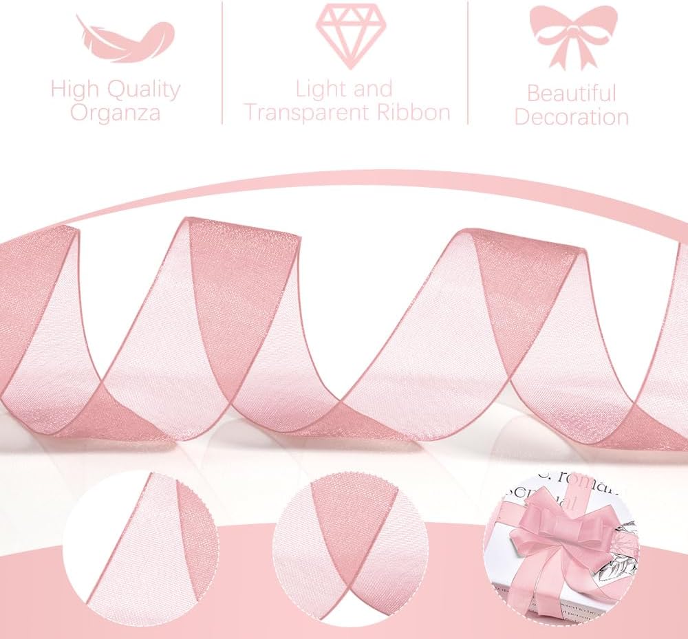 Pink Ribbon for Flower Bouquet 1 Inch 50 Yards Sheer Mothers Day Gift Basket Ribbon Tulle Ribbon for Gift Wrapping Ribbons for Crafts Ribbon for Hair Thin Ribbon for Wedding Decorations Party