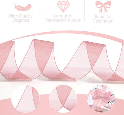 Pink Ribbon for Flower Bouquet 1 Inch 50 Yards Sheer Mothers Day Gift Basket Ribbon Tulle Ribbon for Gift Wrapping Ribbons for Crafts Ribbon for Hair Thin Ribbon for Wedding Decorations Party