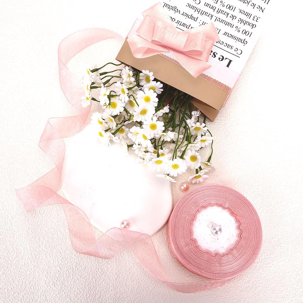 Pink Ribbon for Flower Bouquet 1 Inch 50 Yards Sheer Mothers Day Gift Basket Ribbon Tulle Ribbon for Gift Wrapping Ribbons for Crafts Ribbon for Hair Thin Ribbon for Wedding Decorations Party