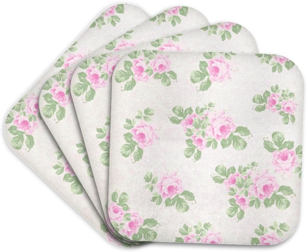 Vintage pink roses pattern - rose flowers on light cream damask - shabby chic Sun-Faded look floral - Soft Coasters, set of 4