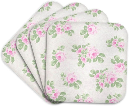 Vintage pink roses pattern - rose flowers on light cream damask - shabby chic Sun-Faded look floral - Soft Coasters, set of 4