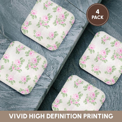 Vintage pink roses pattern - rose flowers on light cream damask - shabby chic Sun-Faded look floral - Soft Coasters, set of 4