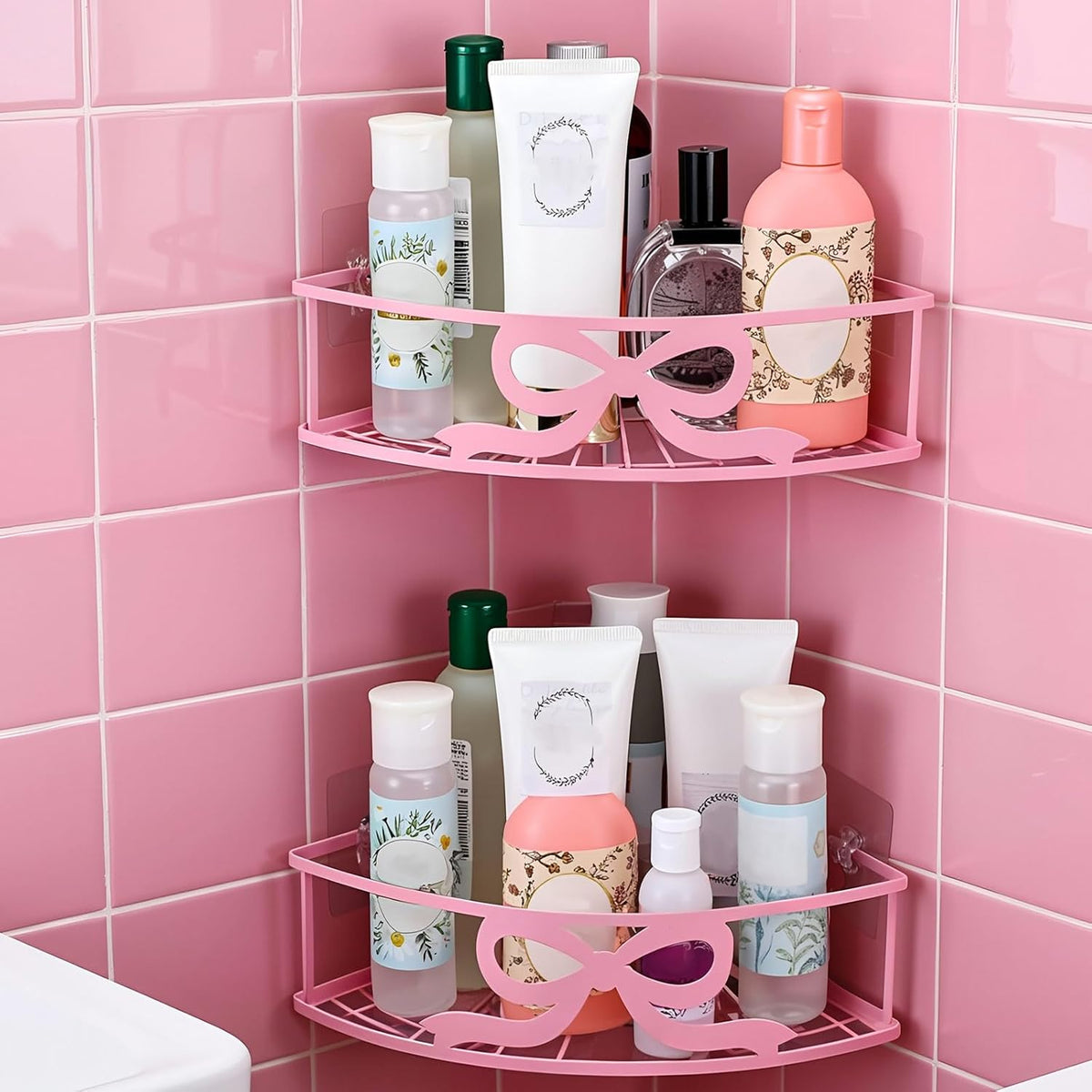 2 Pcs Pink Corner Shower Caddy Pink Bow Shower Shelves Organizer No Drilling Coquette Corner Caddy with 5 Adhesive Hooks Preppy Wall Mounted Decor Shelves for Bathroom Kitchen Bedroom Dorm