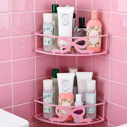 2 Pcs Pink Corner Shower Caddy Pink Bow Shower Shelves Organizer No Drilling Coquette Corner Caddy with 5 Adhesive Hooks Preppy Wall Mounted Decor Shelves for Bathroom Kitchen Bedroom Dorm