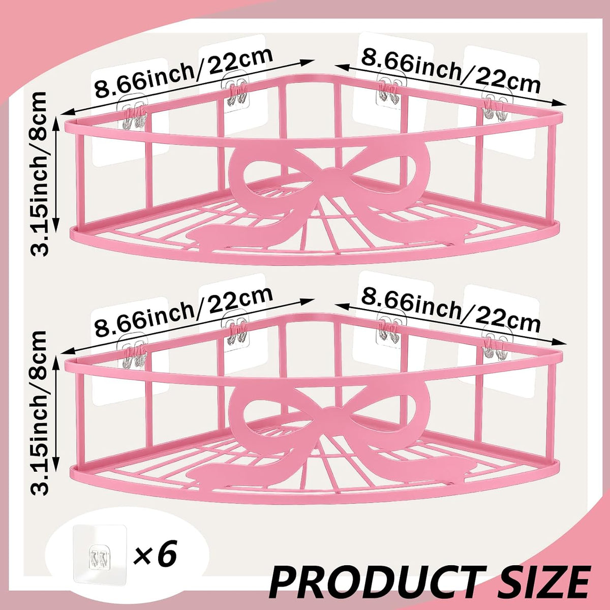 2 Pcs Pink Corner Shower Caddy Pink Bow Shower Shelves Organizer No Drilling Coquette Corner Caddy with 5 Adhesive Hooks Preppy Wall Mounted Decor Shelves for Bathroom Kitchen Bedroom Dorm