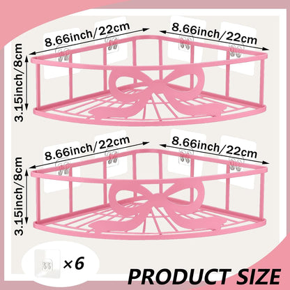 2 Pcs Pink Corner Shower Caddy Pink Bow Shower Shelves Organizer No Drilling Coquette Corner Caddy with 5 Adhesive Hooks Preppy Wall Mounted Decor Shelves for Bathroom Kitchen Bedroom Dorm