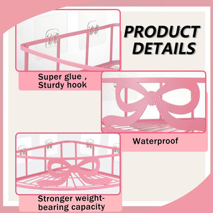 2 Pcs Pink Corner Shower Caddy Pink Bow Shower Shelves Organizer No Drilling Coquette Corner Caddy with 5 Adhesive Hooks Preppy Wall Mounted Decor Shelves for Bathroom Kitchen Bedroom Dorm