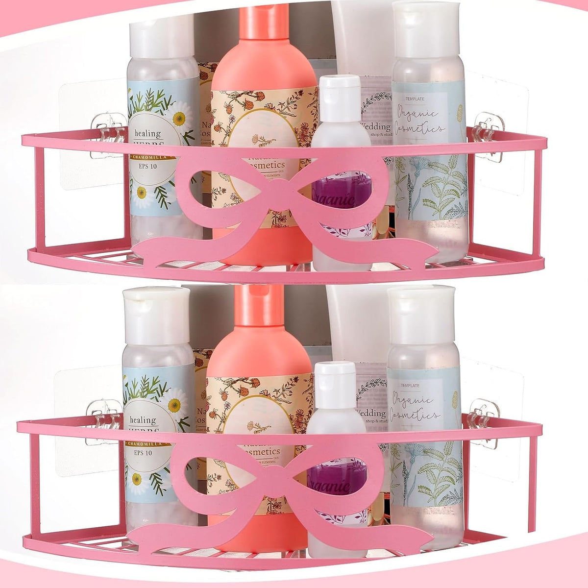 2 Pcs Pink Corner Shower Caddy Pink Bow Shower Shelves Organizer No Drilling Coquette Corner Caddy with 5 Adhesive Hooks Preppy Wall Mounted Decor Shelves for Bathroom Kitchen Bedroom Dorm