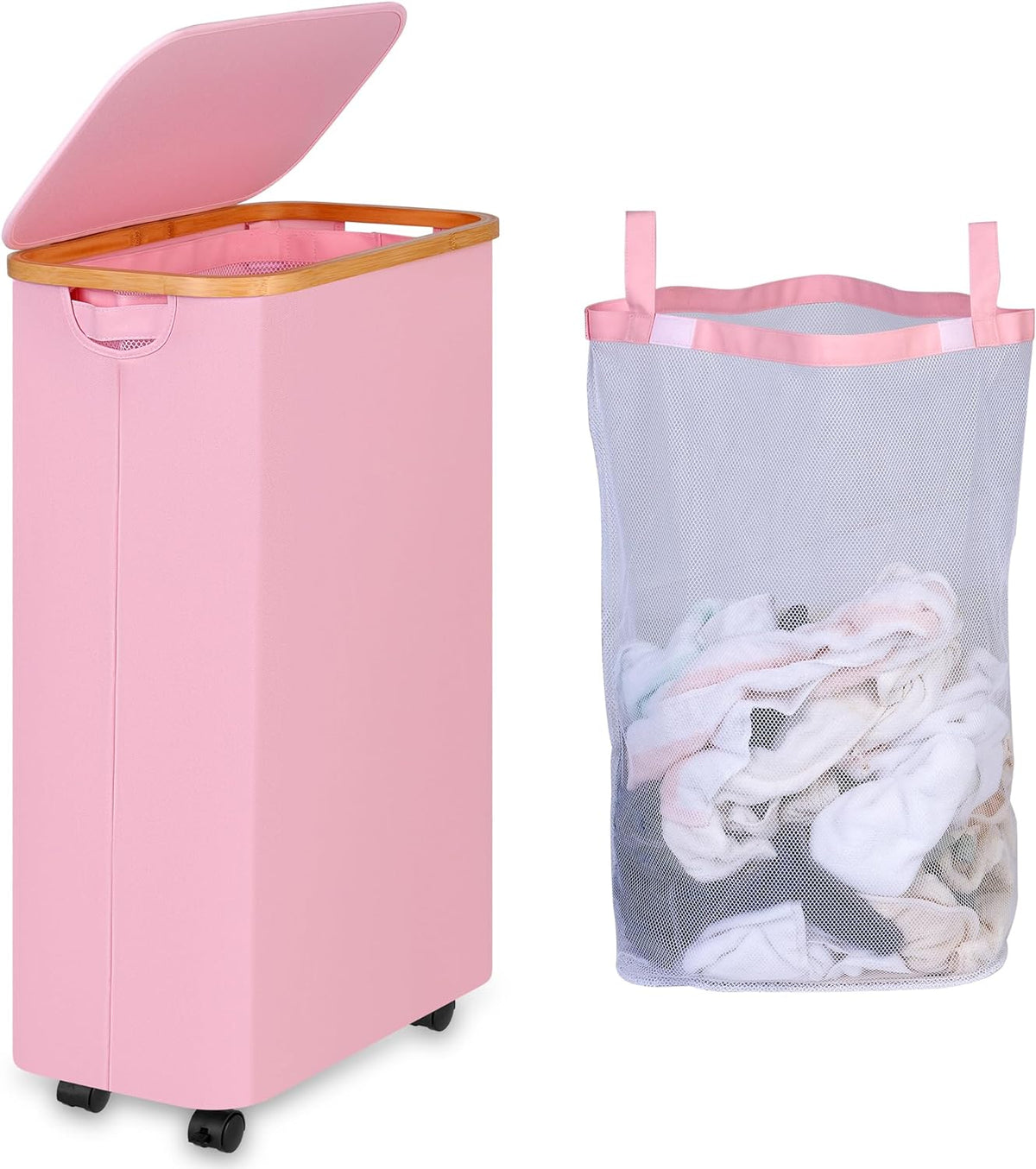 75L Laundry Hamper with Wheels,Clothes Hamper for Laundry,Laundry Basket with Lid and Inner Bag, for Laundry Room, Bedroom, Dormitory Storage,Pink