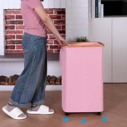 75L Laundry Hamper with Wheels,Clothes Hamper for Laundry,Laundry Basket with Lid and Inner Bag, for Laundry Room, Bedroom, Dormitory Storage,Pink
