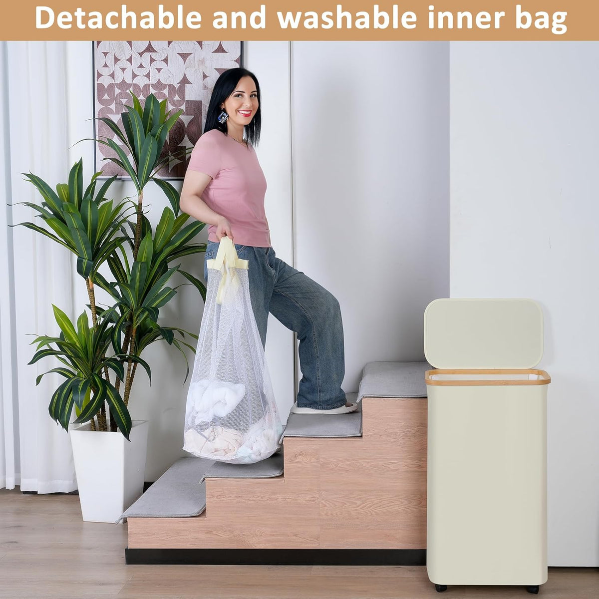 75L Laundry Hamper with Wheels,Clothes Hamper for Laundry,Laundry Basket with Lid and Inner Bag, for Laundry Room, Bedroom, Dormitory Storage,Pink