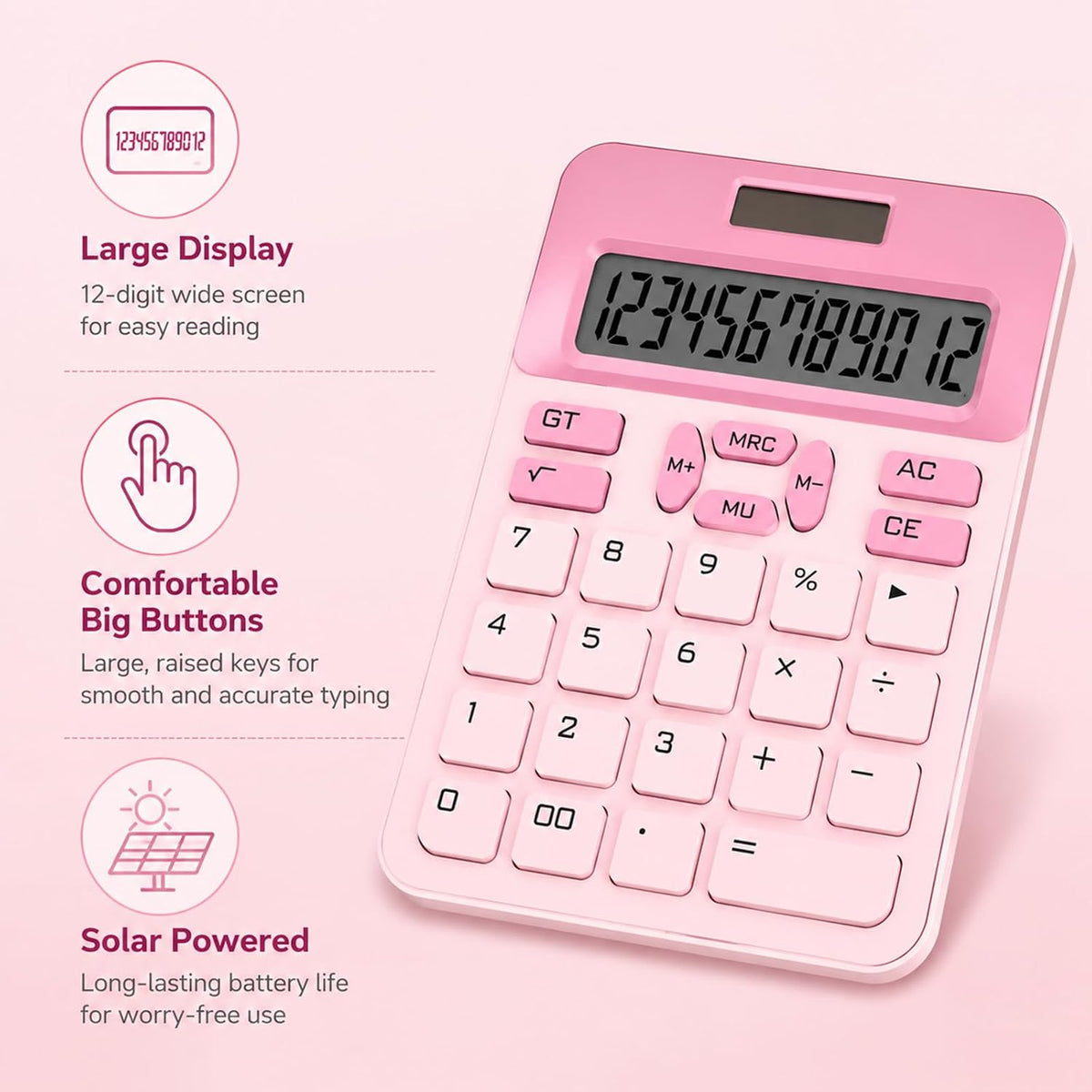 Cute Calculator with DIY Kitty Stickers, Pink Calculator 12 Digit Large LCD Display, Solar and Battery Powered, Office Accessories for Desk, Desktop Calculators for Office School (Pink)