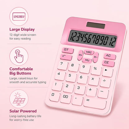 Cute Calculator with DIY Kitty Stickers, Pink Calculator 12 Digit Large LCD Display, Solar and Battery Powered, Office Accessories for Desk, Desktop Calculators for Office School (Pink)