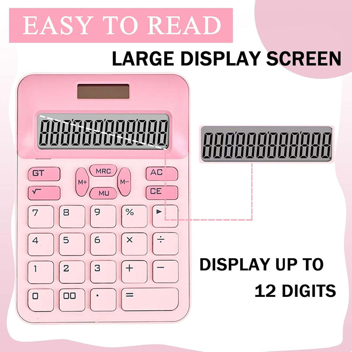 Cute Calculator with DIY Kitty Stickers, Pink Calculator 12 Digit Large LCD Display, Solar and Battery Powered, Office Accessories for Desk, Desktop Calculators for Office School (Pink)