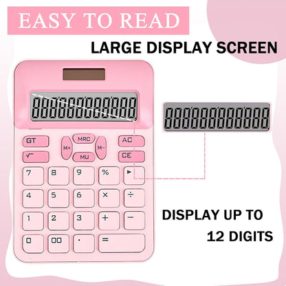 Cute Calculator with DIY Kitty Stickers, Pink Calculator 12 Digit Large LCD Display, Solar and Battery Powered, Office Accessories for Desk, Desktop Calculators for Office School (Pink)