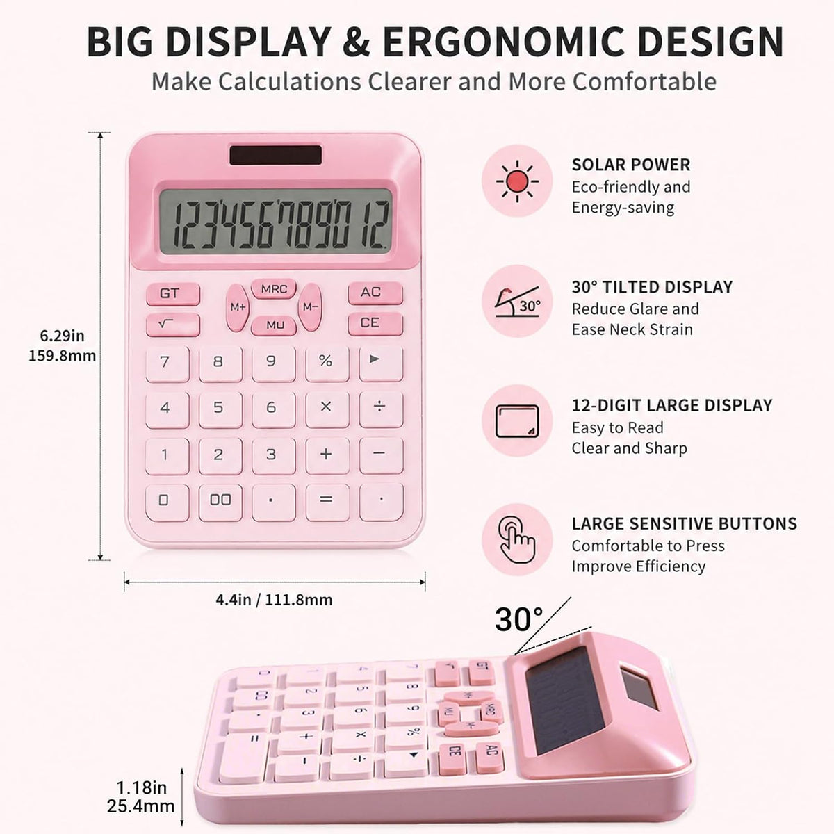 Cute Calculator with DIY Kitty Stickers, Pink Calculator 12 Digit Large LCD Display, Solar and Battery Powered, Office Accessories for Desk, Desktop Calculators for Office School (Pink)