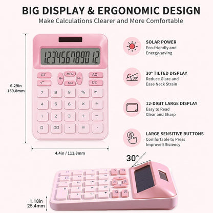 Cute Calculator with DIY Kitty Stickers, Pink Calculator 12 Digit Large LCD Display, Solar and Battery Powered, Office Accessories for Desk, Desktop Calculators for Office School (Pink)