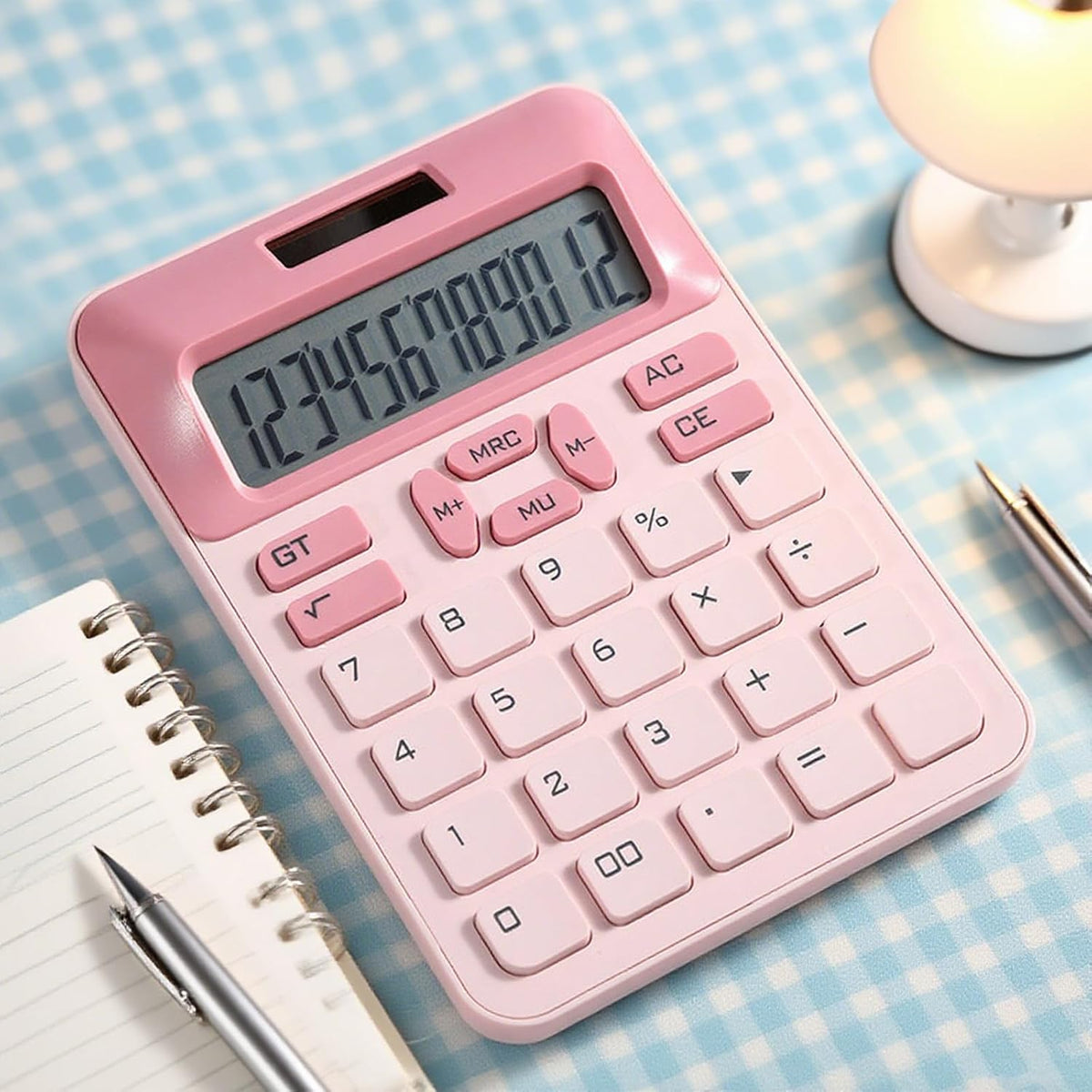 Cute Calculator with DIY Kitty Stickers, Pink Calculator 12 Digit Large LCD Display, Solar and Battery Powered, Office Accessories for Desk, Desktop Calculators for Office School (Pink)