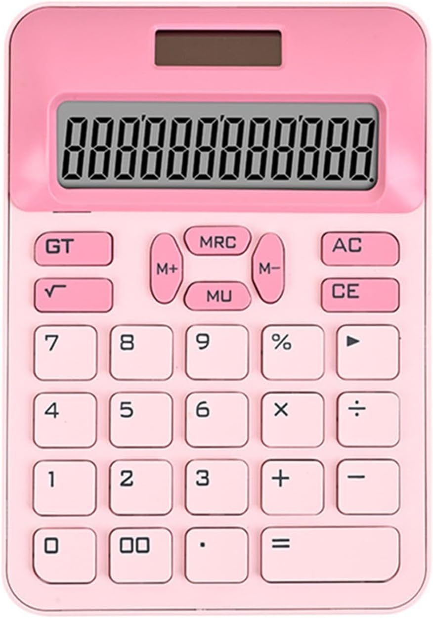 Cute Calculator with DIY Kitty Stickers, Pink Calculator 12 Digit Large LCD Display, Solar and Battery Powered, Office Accessories for Desk, Desktop Calculators for Office School (Pink)