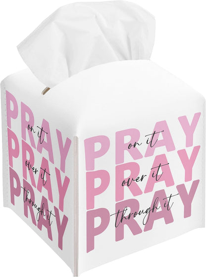 Pink Christian Tissue Box Cover, Pray On It Pray Over It Pray Through It, Square Decorative Tissue Box Holder, Christian Gifts for Women, Leather Toilet Paper Cover for Tabletop Office-A34