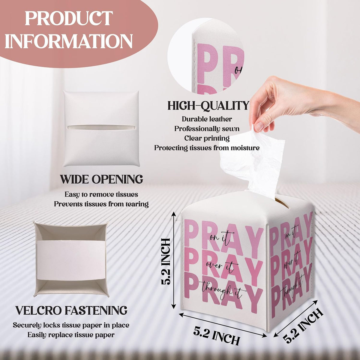 Pink Christian Tissue Box Cover, Pray On It Pray Over It Pray Through It, Square Decorative Tissue Box Holder, Christian Gifts for Women, Leather Toilet Paper Cover for Tabletop Office-A34