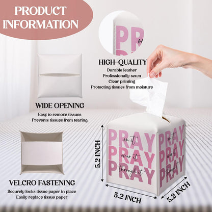 Pink Christian Tissue Box Cover, Pray On It Pray Over It Pray Through It, Square Decorative Tissue Box Holder, Christian Gifts for Women, Leather Toilet Paper Cover for Tabletop Office-A34