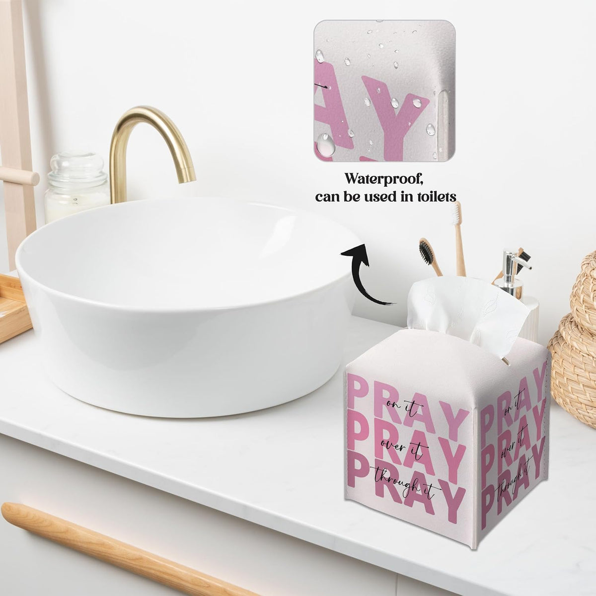 Pink Christian Tissue Box Cover, Pray On It Pray Over It Pray Through It, Square Decorative Tissue Box Holder, Christian Gifts for Women, Leather Toilet Paper Cover for Tabletop Office-A34