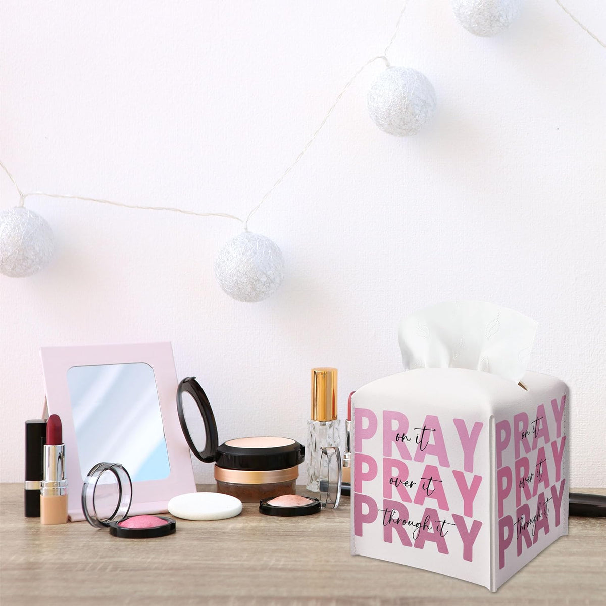 Pink Christian Tissue Box Cover, Pray On It Pray Over It Pray Through It, Square Decorative Tissue Box Holder, Christian Gifts for Women, Leather Toilet Paper Cover for Tabletop Office-A34