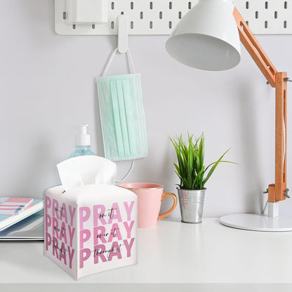 Pink Christian Tissue Box Cover, Pray On It Pray Over It Pray Through It, Square Decorative Tissue Box Holder, Christian Gifts for Women, Leather Toilet Paper Cover for Tabletop Office-A34