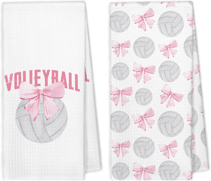 Coquette Pink Volleyball Bow Hand Towels, Volleyball Gifts for Teen Girls Players, Preppy Pink Bow Sports Decorative Hand Towels for Girls Bathroom, 16x24 Inch Set of 2
