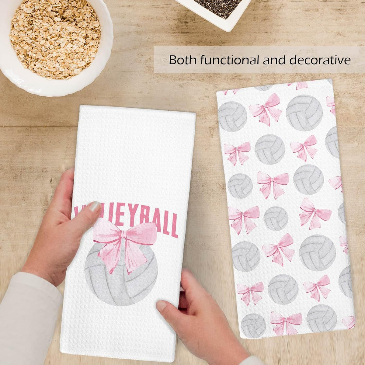 Coquette Pink Volleyball Bow Hand Towels, Volleyball Gifts for Teen Girls Players, Preppy Pink Bow Sports Decorative Hand Towels for Girls Bathroom, 16x24 Inch Set of 2