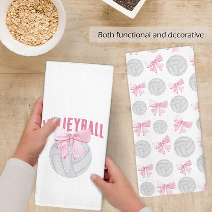 Coquette Pink Volleyball Bow Hand Towels, Volleyball Gifts for Teen Girls Players, Preppy Pink Bow Sports Decorative Hand Towels for Girls Bathroom, 16x24 Inch Set of 2